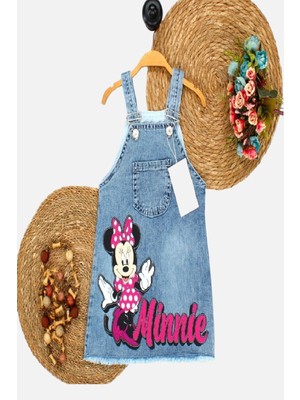 Dinamik çocuk Kız Çocuk Kot Jile Salopet Minnie Mouse Baskılı Denim Elbise