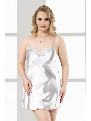 Çamaşır Kenti Büyük Beden Beyaz Kısa Saten Gecelik