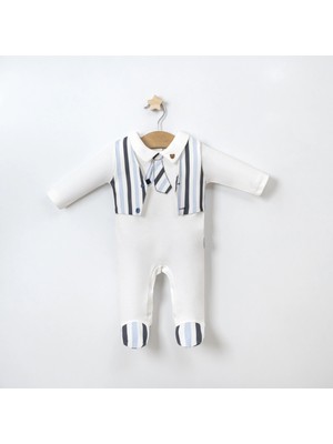 Lamato Baby Çizgili Kravat Nakışlı Gömlek Yaka Bebe Erkek Tulum