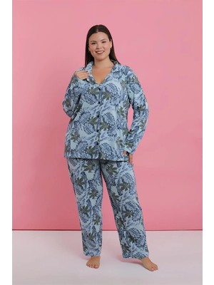Çamaşır Kenti Kadın Büyük Beden Mavi Tropikal Desenli Düğmeli Pijama Takımı