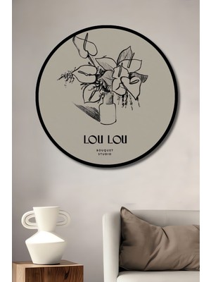 Teona Ahşap Dekoratif Ahşap Yuvarlak Çerçeve Görünümlü Tablo Çiçek Deseni Kara Kalem