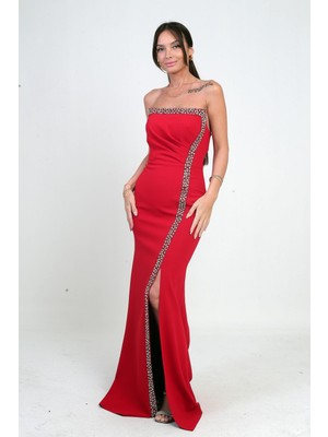 By Saygı Kadın Önü Drapeli Taş Detaylı Telalı Uzun Krep Elbise