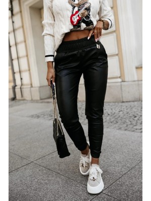 Aesco Kadın Yüksek Bel Lastikli Cepli Deri Pantolon