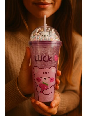 biton  çılgın bear suluk pipetli buzlu cam görünümlü 450 ml çift katman mika sevimli suluk 2093 mor