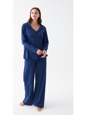 Akbeniz Kadın Lacivert Düğmeli Yaka Detaylı Pamuklu Pijama Takımı