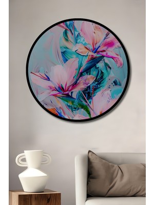 Teona Ahşap Çerçeve Görünümlü Soyut Çiçek Tasarımı Dekoratif Ahşap Mdf Ev Duvar Tablo Yuvarlak Ev Duvar Tablo