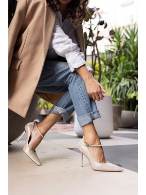 Angelina Jones Stila Kadın Bej Ithal Malzeme Taş Atkılı Stıletto