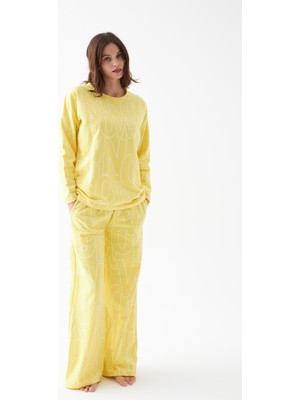 Akbeniz Kadın Oversize Sarı Desenli Pamuklu Kalın Pijama Takımı