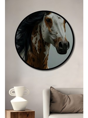 Teona Ahşap Çerçeve Görünümlü Rüzgarlı Günde At Ahşap Mdf Dekoratif Ev Duvar Tablo Yuvarlak Ev Duvar Tablo