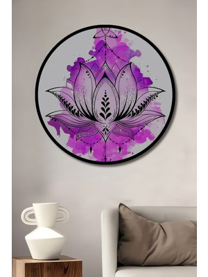 Teona Ahşap Çerçeve Görünümlü Mor Suçiçeği Mandala Ahşap Mdf Dekoratif Ev Duvar Tablo Yuvarlak Ev Duvar Tablo