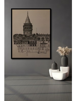 Teona Ahşap Dekoratif Ahşap Dikdörtgen Tablo Galata Kulesi Çizim Çerçeve Görünümlü