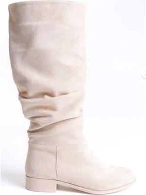 Les Passent Kadın Mika Bej Süet Düz Taban Büzgülü Diz Altı Boy Çekme Çizme