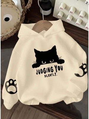 Kids Face Özel Tasarım Kapüşonlu Judging You Kedi Baskılı %100 Pamuk Oversize Kız Çocuk Sweatshırt