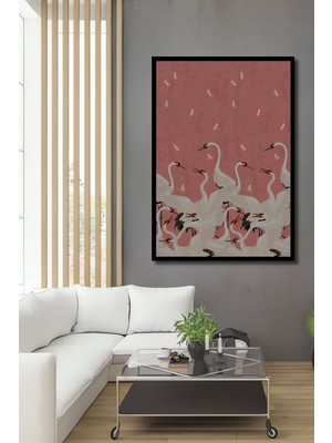 Teona Ahşap Dekoratif Ahşap Dikdörtgen Tablo Kırmızı Arka Plan Üzerinde Turnalar Çerçeve Görünümlü