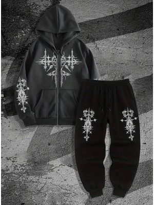 Amor Man Büyük Beden Özel Tasarım Kapüşonlu Tam Fermuarlı Tribal Dikenler Baskılı Gothic Modası  Erkek Kışlık Eşofman Takımı