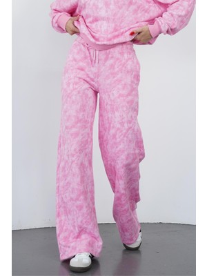 Penye Bizden Zenara Kadın 3 Iplik Şardonsuz Pamuk Geniş Paça Eşofman Altı-Pembe Baskılı