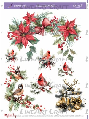 Lineart ST2358 Yeniyıl Serisi, Atatürk Çiçeği, Kızılgerdan Desenli Açık Zemin Sulu Transfer 25*35 cm