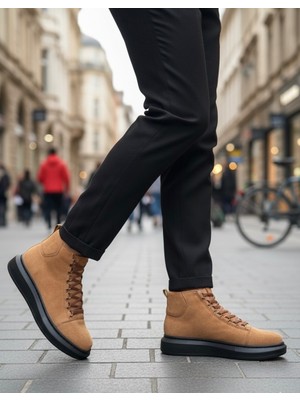 Pabucmarketi Bağcıklı Erkek Sneaker Bot Taba Süet (Siyah Taban)