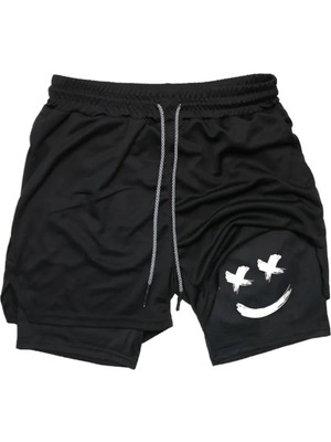Maki Home Hızlı Kuruyan 2 In 1 Yetişkin Unisex Spor Gülen Yüz Baskılı Taytlı Şort Fitness Gym Antrenman Halı