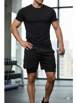 Maki Home Hızlı Kuruyan 2 In 1 Yetişkin Unisex Spor Baskısız Taytlı Şort Fitness Gym Antrenman Halı Saha