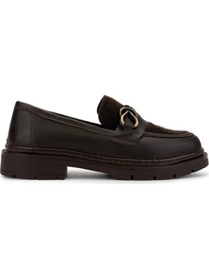Tamer Tanca Kadın Deri & Tekstil Kahverengi Loafer Ayakkabı 817 9876 Bn Ayk SK25-26 Khv Dr/tay Prlk Dr
