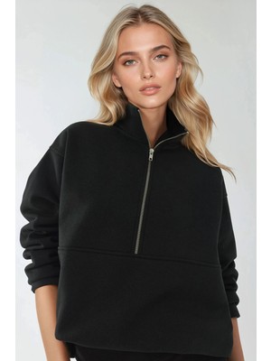 Hiccup Kadın Siyah Uzun Kollu Fermuarlı Sweatshirt Rahat Kesim ve Gömlek Yaka Tasarımı