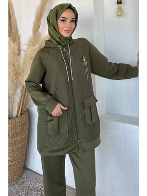 Julude Kapitoneli Broş Detaylı Kapüşonlu Tesettür Tunik Bel Lastikli Pantolon Ikili Takım P-00018862