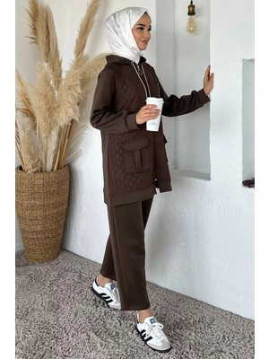 Julude Kapitoneli Broş Detaylı Kapüşonlu Tesettür Tunik Bel Lastikli Pantolon Ikili Takım P-00018862