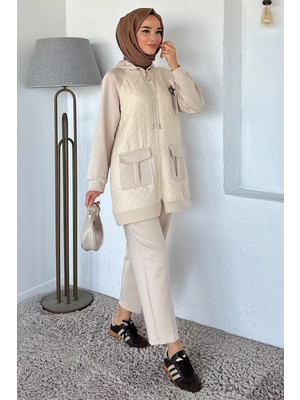 Julude Kapitoneli Broş Detaylı Kapüşonlu Tesettür Tunik Bel Lastikli Pantolon Ikili Takım P-00018862