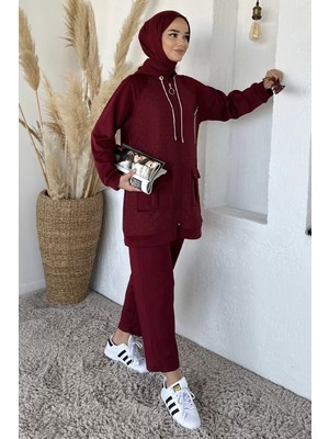 Julude Kapitoneli Broş Detaylı Kapüşonlu Tesettür Tunik Bel Lastikli Pantolon Ikili Takım P-00018862