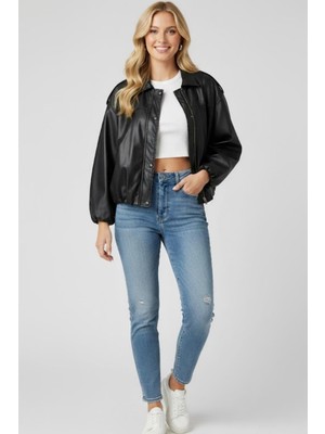 Kadın Siyah Oversize Suni Deri Ceket M4875 Siyah
