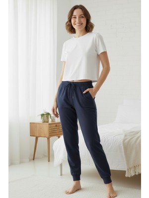 elemge %100 Pamuk Süprem Kadın Pijama Altı Cepli Rahat Kalıp Manşet Paça Lastikli Ipli Terletmez Esnek Lacivert