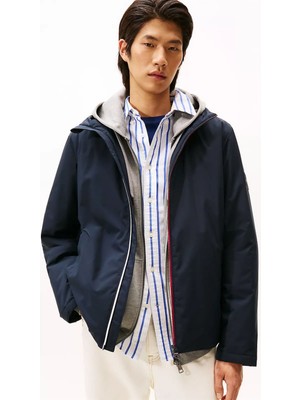 Tommy Hilfiger Erkek Regular Fit Fermuarı Şerit Detaylı Kapüşonlu Mont - Lacivert