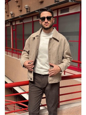 İnpool Oversize-Fit Gömlek Yaka Erkek Ceket %100 Polyester Kaşe Kumaş ile Modern Stil