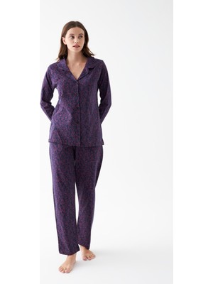 Akbeniz Kadın Lacivert Düğmeli Yaka Detaylı Desenli Pamuklu Pijama Takımı