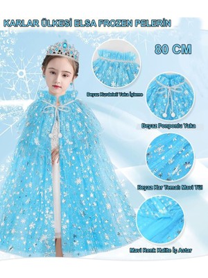 Go İthalat Karlar Ülkesi Elsa Frozen Mavi Pelerin – 80 cm Kar Desenli Çocuk Pelerini ( Taç Hariç ) (4832)