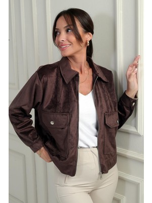 By Saygı Kadın Torba Cepli Önü Fermuarlı Süet Mont