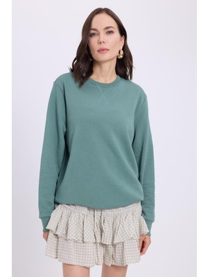 Tudors Kadın Oversize Geniş Kesim %100 Pamuk Basic Yeşil Bisiklet Yaka Sweatshirt