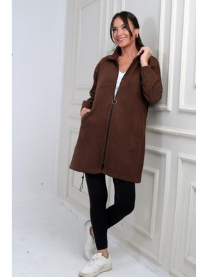 By Saygı Kadın Önü Fermuarlı Altı Lastikli Cepli Uzun Kaşe Mont