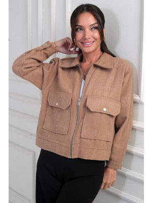 By Saygı Kadın Önü Fermuarlı Torba Cepli Kaşe Kısa Mont