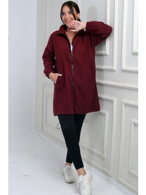 By Saygı Kadın Önü Fermuarlı Altı Lastikli Cepli Uzun Kaşe Mont