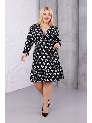 Madwilo Kadın Siyah Kurdele Desen Kruvaze Yaka Esnek Bel Büyük Beden Elbise