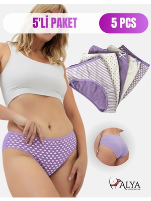 Alya Underwear Pamuklu Kadın Külot Slip Empirme Baskılı Yüksek Bel Iç Çamaşırı - 5'li Paket - Lila, L
