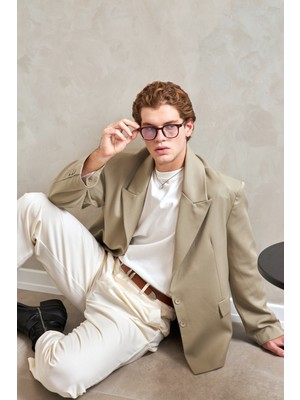 HYMAN Erkek Oversize Blazer Ceket Haki Pamuk-Polyester Düz Tasarım Uzun Kol Rahat Kalıp
