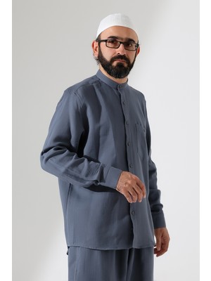 İhvan Online Erkek Müslin Hakim Yaka Uzun Kollu Düğmeli Gömlek, Hac Umre Kıyafeti  -Füme  (Ans)