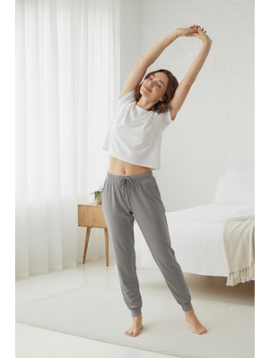 elemge %100 Pamuk Süprem Kadın Pijama Altı Cepli Rahat Kalıp Manşet Paça Lastikli Ipli Terletmez Esnek Gri