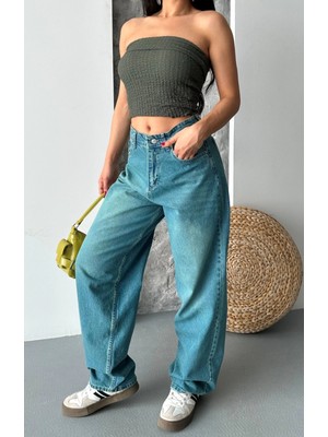 Fantastik Store Baggy Taş Enzim Bıyık Yıkama Jeans Pantolon Yeşil Tint D2007