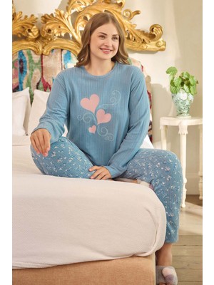 Aydoğan Büyük Beden Termal Kadın Uzun Kol Pijama Takımı 240686 MAVI01