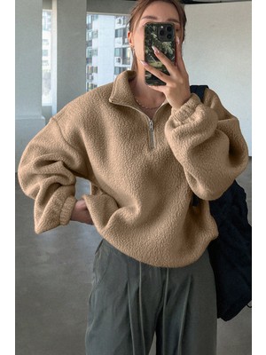 Ghassy Co. Kadın Ultra Isı Peluş Sherpa Oversize Yarım Metal Fermuar Lastik Ayarlı Polar Sweatshirt