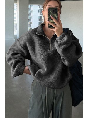 Ghassy Co. Kadın Ultra Isı Peluş Sherpa Oversize Yarım Metal Fermuar Lastik Ayarlı Polar Sweatshirt